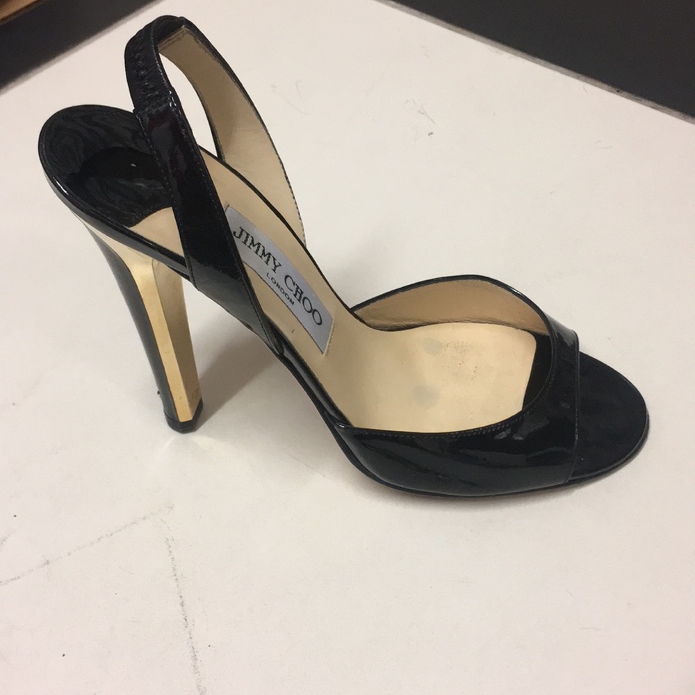 Jimmy Choo black patent leather sling back sandals